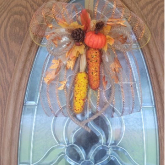 Fall Autumn Beaded Indian Corn Pumpkin Acorns Wreath Wall Hanging Door Swag - Picture 3 of 3